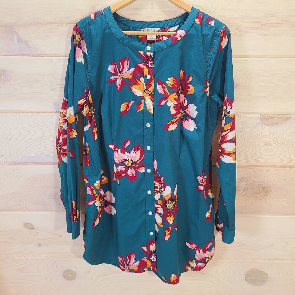 Duluth Trading Women's size L Button-Up Long Sleeve Shirt Tunic Tropical Floral